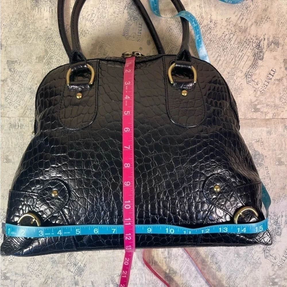 Banana Republic Black Croc Embossed Leather Satchel Work Tote Gold Hardware